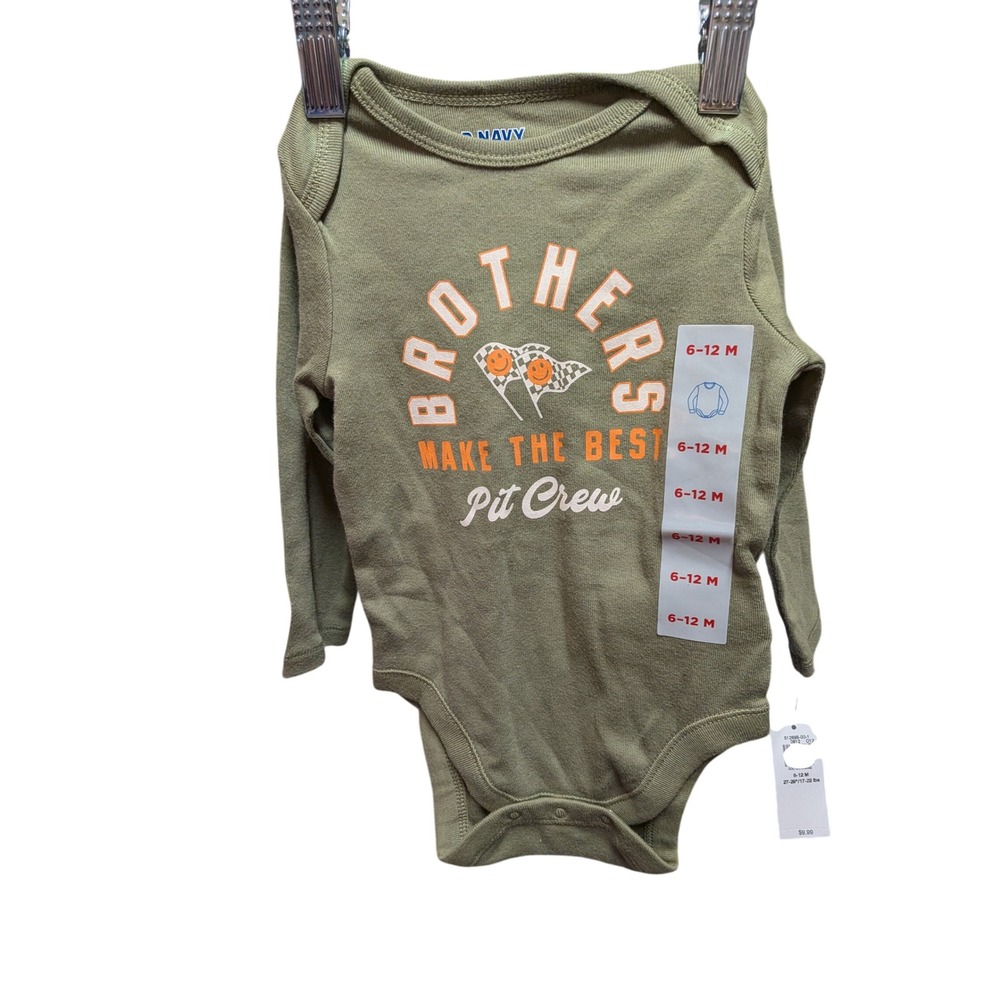 Old Navy Baby Boys Olive Green Brothers Pit Crew Long Sleeve Bodysuit 6-12M NWT